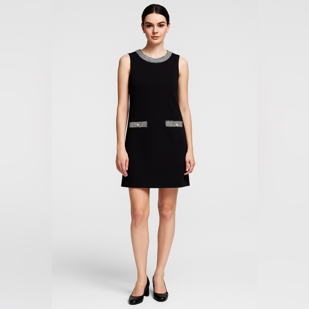 Karl Lagerfeld Paris Black Shift Dress Size 8 Houndstooth Trim Gold Button Retro